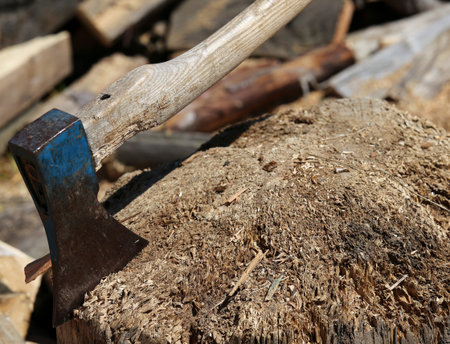 big ax of a woodcutter on the block of wood in the woodshed