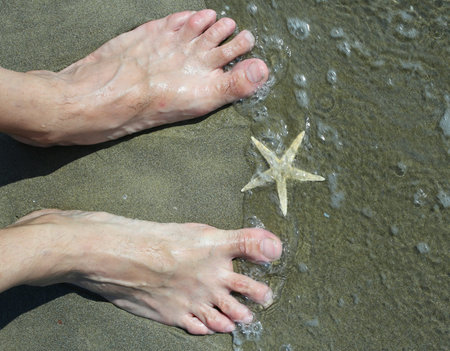 barefoot on the sand and big starfish in summerの写真素材