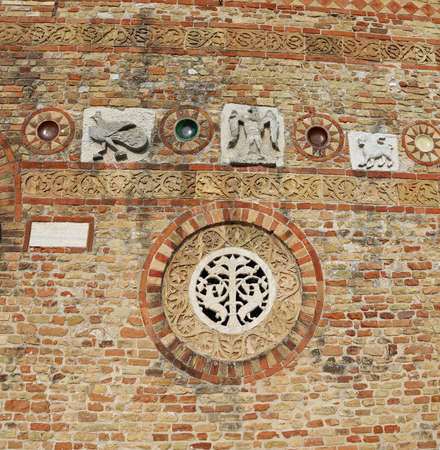 Detail in the wall of ancient Abbey of Pomposa historic building in the Po Valley near Ferrara in Italyのeditorial素材