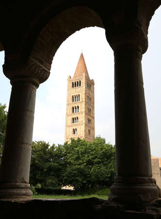 highest ancient Bell Tower of the famous Abbey of Pomposa historic building in the Po Valley near Ferrara in Italyのeditorial素材