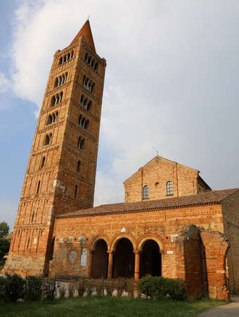 ancient Pomposa Abbey with belfry is an historical building in Italyのeditorial素材