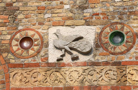 sculpture details on the Pomposa Abbey facade in Italyのeditorial素材