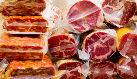 selling sausages with bresaola salami and pepperoni in the Italian stand of typical products