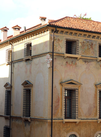 decorative details of an ancient house in the center of the city of Vicenza in Italyの写真素材