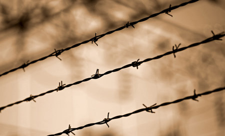 three barbed wire lines and background blurred with other barriers with vintage sepia effect