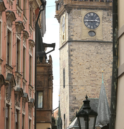 detail of an Ancient tower and many palaces in Prague in Czech Republic Europe