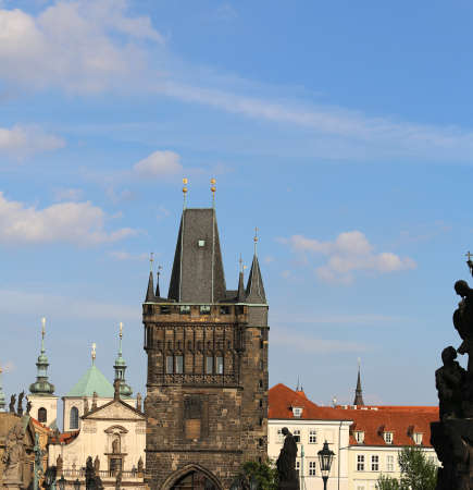 High tower with battlements from the Charles Bridge in Prague Old Town in Czech Republic Europeの写真素材