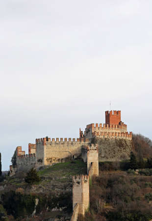 Castle of Soave with medieval walls and the ancient tower in Province of Verona Italyのeditorial素材