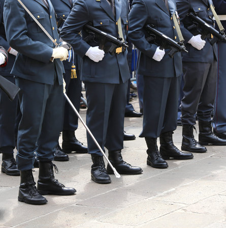 officers of the financial police in trim by parades with uniform and machine guns during the...