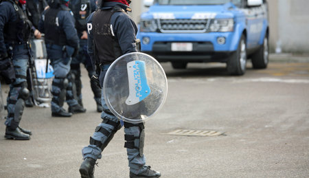 Vicenza, VI, Italy - January 28, 2017: armed escort of the Italian police during the transfer of...