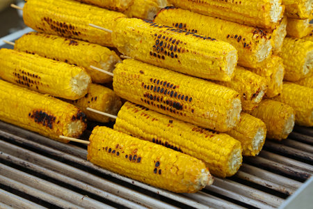 roasted yellow corn for sale in street food stall
