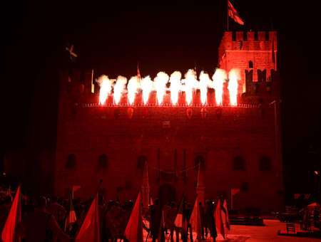 Marostica, VI, Italy - September 9, 2016: Medieval Castle with the spectacle of a fire simulation fireworks and siege of the castleのeditorial素材