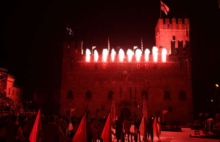 Marostica, VI, Italy - September 9, 2016: Medieval Castle with the spectacle of a fire simulation fireworks and siege of the castleのeditorial素材