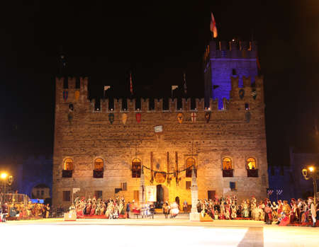 Marostica, VI, Italy - September 9, 2016: Medieval Castle and the square before the game of chess by nightのeditorial素材