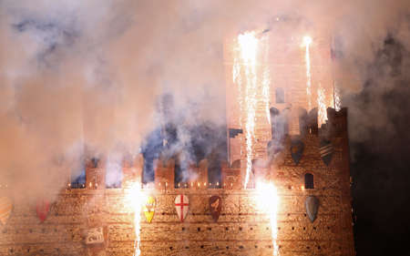 Marostica, VI, Italy - September 9, 2016: fireworks with sparks on the ancient medieval castle by nightのeditorial素材
