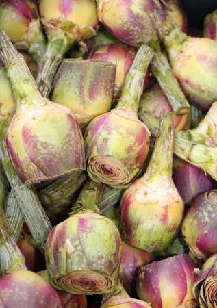chopped artichokes and prepared for sale in the fruit and vegetable shop in Italyの写真素材