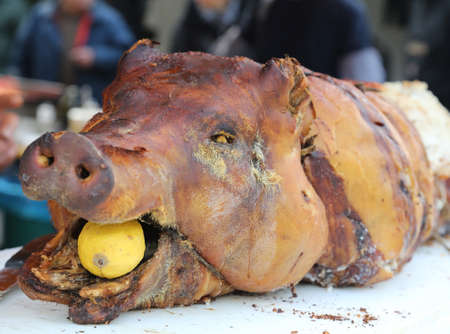 Muzzle for roast pork with Yellow Lemon in Mouthの写真素材