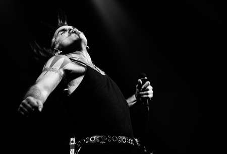 Padua Padova, PD, Italy - March 29, 2017: Piero PelÃ¹ the vocalist of Litfiba an Italian Rock Band on the stage during the live concert at Padua in Italyのeditorial素材