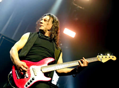 Padua Padova, PD, Italy - March 29, 2017: Franco Li Causi the bass player of Litfiba an Italian Rock Band on the stage during the live concert at Padua in Italyのeditorial素材