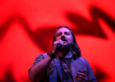 Bassano del Grappa, VI, Italy - April 29, 2017: Cilloni Yuri is the vocalist of Nomadi an famous Italian Musical Band on the stage during the live concertのeditorial素材