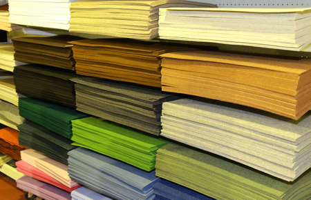 Shelf full of fabrics for sale at the fair for decoration and leisure hobbiesの写真素材