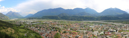 very wide panorama of Town called Tolmezzo and the Valley of Tagliamento River in NJorthern Italyの写真素材