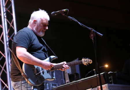 Bassano del Grappa, VI, Italy - April 29, 2017: Falzone Cico guitar player of Nomadi an Italian Musical Group during a live concertのeditorial素材