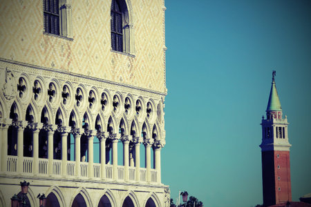 Ducal Palace and the bell tower of SAint George Church in Venice in Italyのeditorial素材