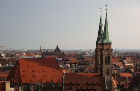 Panorama of the city of Nuremberg in Germany with many housesの写真素材