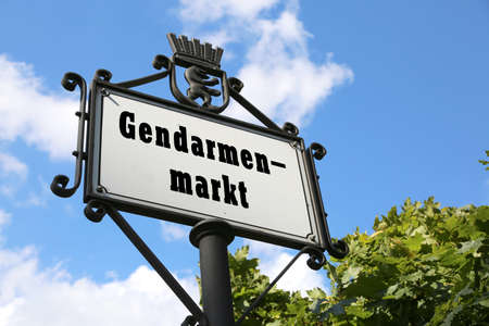 road sign indicating the square called Gendarmenmarkt one of the most important East Berlin in Germanyの写真素材