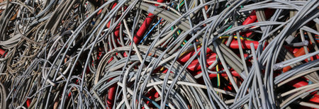 Background of abandoned electrical cables in a dump of recyclable material