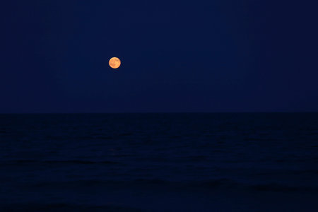 Big red full moon on the horizon over the sea in the evening