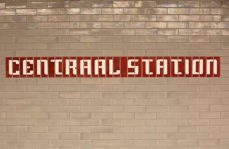 great text of the central railway station in Amsterdam city in Hollandの写真素材