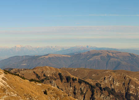 great panorama from the top of the mountain called Monte Grappa in Italian and the mountain range of the Italian Alpsの写真素材
