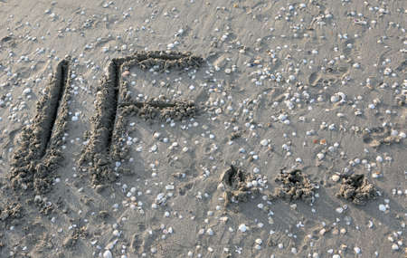 text IF on the sand of the sea waiting to be erased by the water of the seaの写真素材