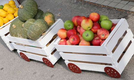 small train full of fresh fruit with apples and pumpkinsの写真素材