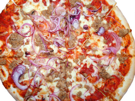 tasty takeaway pizza with tuna and onionsの写真素材