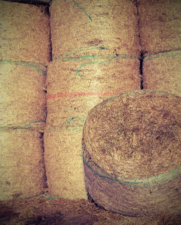so many bales of hay in the farm depot with vintage effectの写真素材