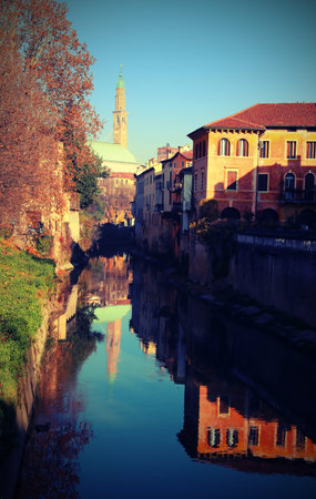 high tower of the most important monument of the city of Vicenza in northern Italy with vintage...