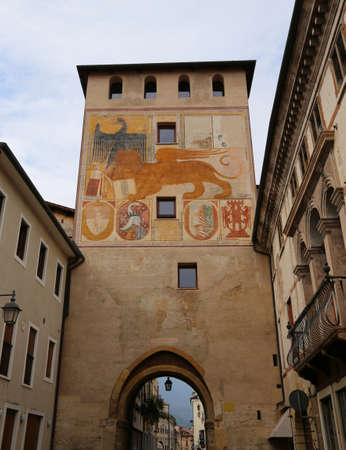Ancient Gate in Bassano del Grappa a small town near Vicenza City in Northen Italy called PORTA DIEDA in Italian Languageの写真素材