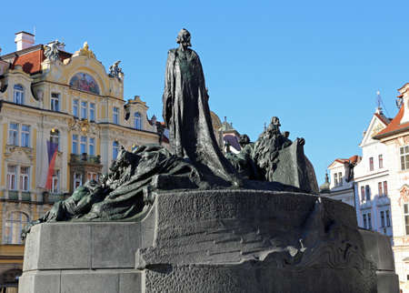 Prague, Czech Republic - August 23, 2016: Memorial of Jan Hus at Old Town Square built in 1915. Jan Hus was a czech linguist, religion writer, philosopher and theologianのeditorial素材