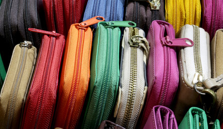 background of many leather wallets with zip for sale in the craft shop
