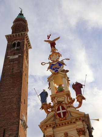 Vicenza, VI, Italy - September 19, 2015: Ancient Monument called LA RUA symbol of the City with high tower called Torre Bissara in Italian Languageのeditorial素材