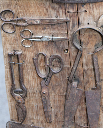old rusty iron carpenter's tools with wooden background