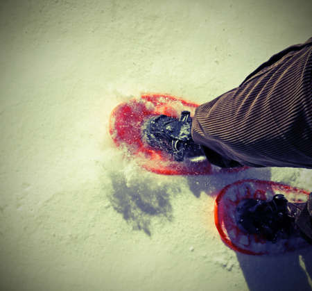 two legs of a young man that walks with snowshoes with vintage effectの写真素材
