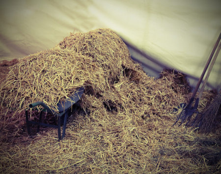 wheelbarrow and farm implements in the barn full of straw and hay inside an animal farmの写真素材