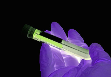 test tube with radioactive material hand-held by the laboratory technician