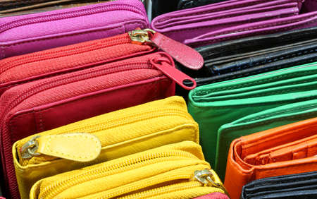 many wallets of leather for sale in the store in Florence Italyの写真素材
