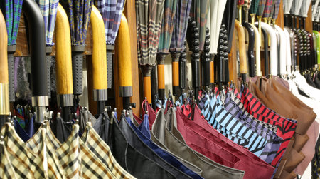 umbrellas with wooden handles for sale in the shop specializing in fashion accessories