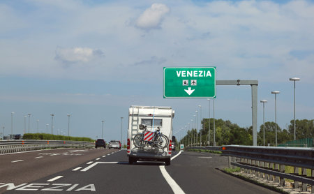 italian motorhome traveling on the highway towards Venice in the summerのeditorial素材